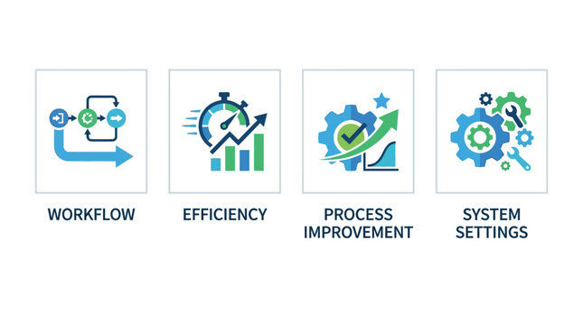 Business process improvement icons show workflow efficiency and system settings