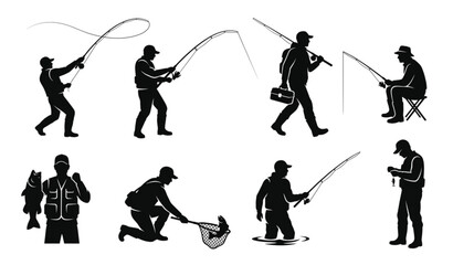 Naklejka premium Fishing man silhouette collection with multiple poses vector isolated on white