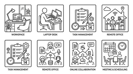 Obraz premium A modern workspace with people working remotely and collaborating online at their laptop desks with various task management tools.