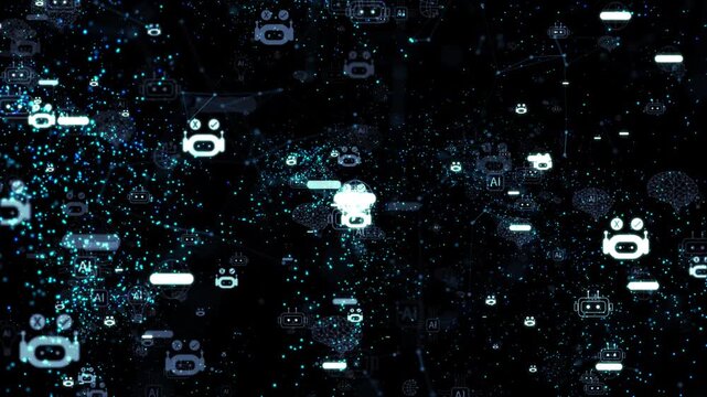 Artificial intelligence chatbot network with glowing AI icons and digital data particles on futuristic technology background.
