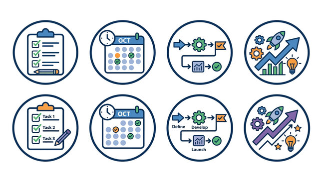 Business icons depicting various office tasks and planning on calendars with workflow and growth charts