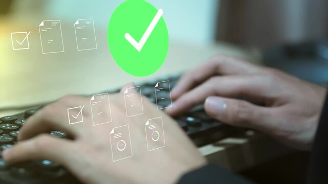 Businessman using laptop with digital checklist interface, approval checkmarks, document verification, task completion, compliance workflow, quality control, productivity management.