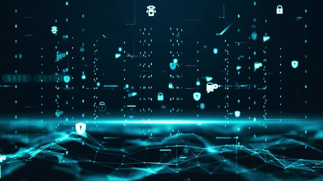 Cybersecurity digital network background with glowing security icons, data protection system, and futuristic technology interface.