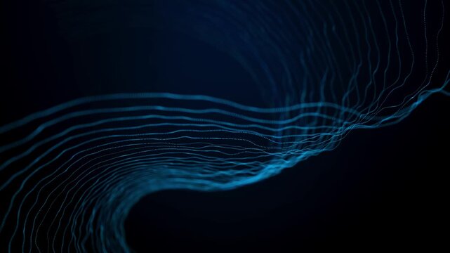Dynamic blue wave of particles. Abstract futuristic background. Big data visualization. 3D rendering.