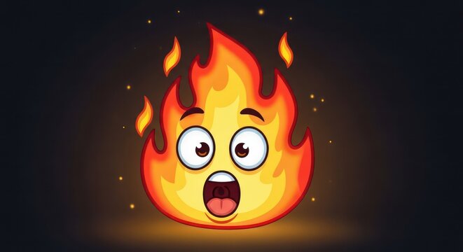 Surprised cartoon flame emoji face expression.