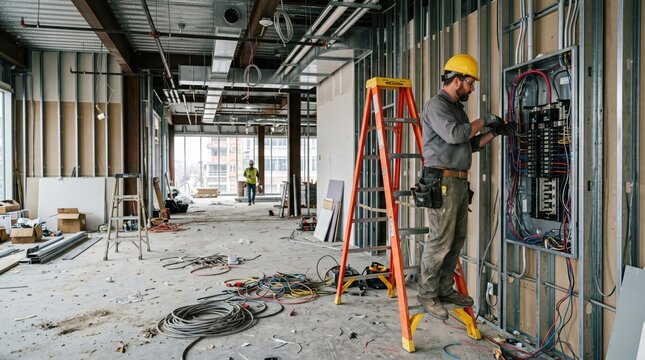 Construction electrician installing wiring and circuit panel on metal stud wall inside commercial building under renovation