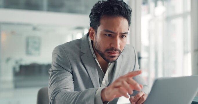 Confused, employee and man with laptop, office and reading financial mistake on web, audit or online. Business, accountant and person with worry for tax return error, typing and digital budget report
