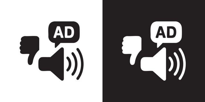 Minimalist Icon of Loudspeaker with Thumbs Down and AD Bubble - Modern Advertising Rejection Symbol, Audio Ad Blocker Interface, and Commercial Announcement Dislike Vector