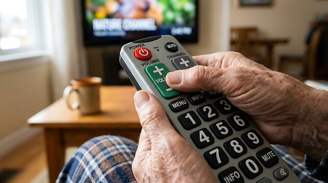 Elderly person holding TV remote