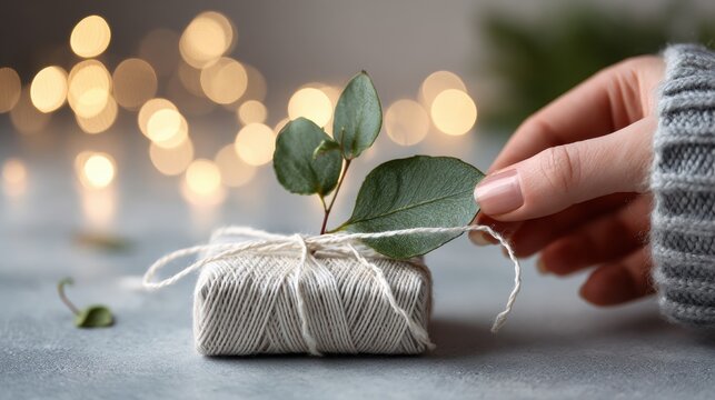 Woman's Hand Carefully Tying String Around Small Gift Box with Green Leaf