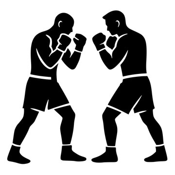 Vector silhouette of two boxers facing off in fighting stance, fists raised and ready. Symbol of competition, strength, focus, and sportsmanship in boxing.