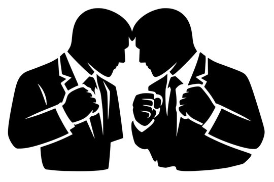 Vector silhouette of two businessmen in suits facing off with raised fists, symbolizing rivalry, conflict, and competition in corporate or professional settings.