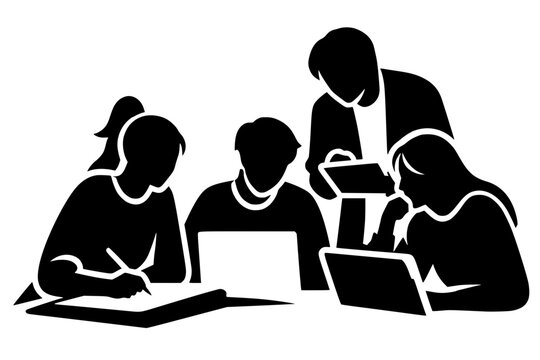 Vector silhouette of four people collaborating with laptops, tablet, and paper. Symbol of teamwork, study, brainstorming, and professional cooperation in education or office settings.