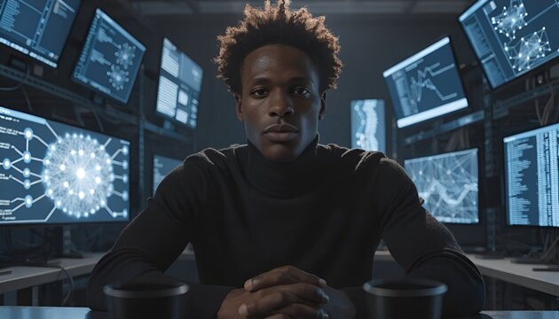 Man in turtleneck sits in front of multiple monitors displaying complex data and network graphs