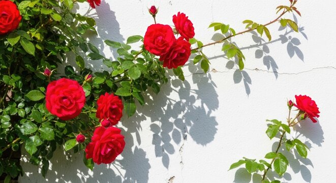 Blooming red roses climbing along a white garden wall in bright sunlight, creating a vibrant floral display with lush green leaves and elegant natural beauty