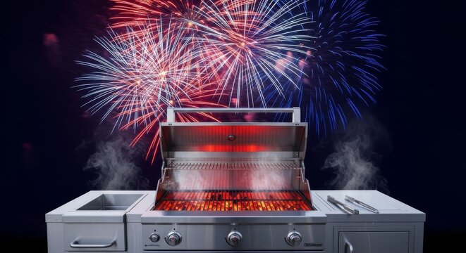A detailed outdoor barbecue grill station with glowing coals stands under a vibrant night sky filled with exploding red, white, and blue fireworks, light, explosion, equipment