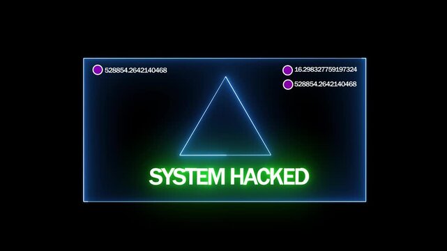 Futuristic hacked system alert concept with neon red and blue glow, digital data streams and glitch distortion on dark interface background. 4K Cyber Threat Visualization Motion Video