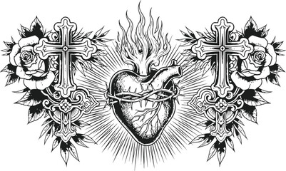 Fototapeta premium Sacred Heart with Roses and Crosses in Black and White Graphic Design