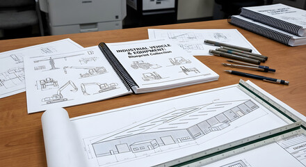 Fototapeta premium Desk view of comprehensive engineering blueprints, a technical equipment manual, and drafting tools, showcasing detailed design processes for industrial and architectural projects