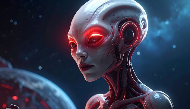 A futuristic alien with glowing red eyes against a starry background