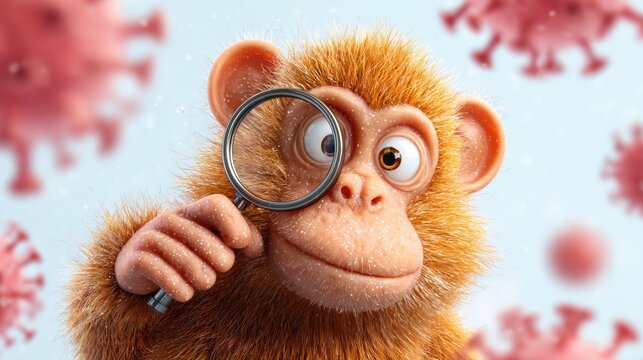 Cute Monkey Holding Magnifying Glass Examining Viral Particles in Microbiology