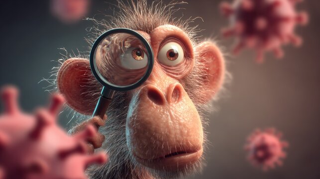 Close-up of a Monkey Face with a Magnifying Glass in Front of Viral Particles