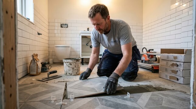 Contractor laying geometric tile flooring in bathroom under renovation kneeling while applying adhesive and aligning tiles