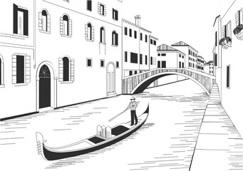 Hand drawn Venice canal sketch vector illustration with gondola historic bridge and Italian architecture scenery © Majnur