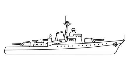 Outline illustration of a modern warship with guns and mast on a white background © gan