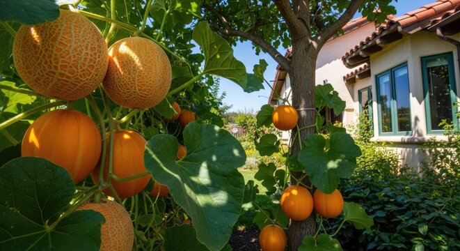 Ripe orange melons growing on lush vines beside a charming countryside house, showcasing fresh harvest, sustainable gardening, and abundant summer produce