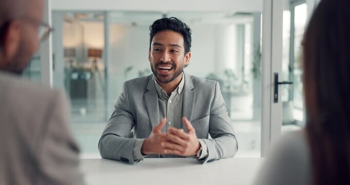 Business man, smile and handshake for introduction, greeting and talking in office meeting. Team, happy consultant and shaking hands for welcome, collaboration deal and b2b negotiation in workplace