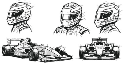 Sketchy racing helmets and open-wheel cars in dynamic motion lines for sports branding © Ishtiaq