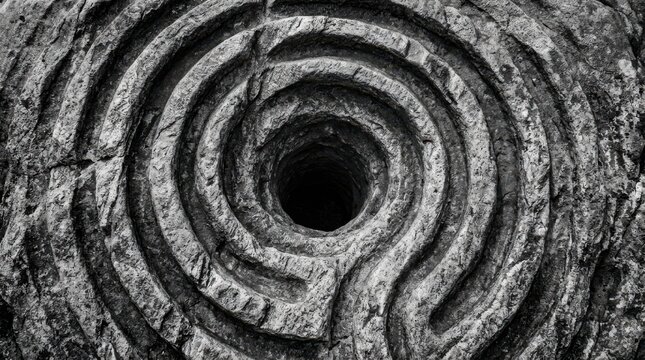 Ancient Spiral Labyrinth Carved in Stone with Dark Center Hole