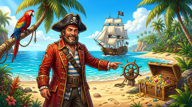 Pirate on tropical beach with treasure