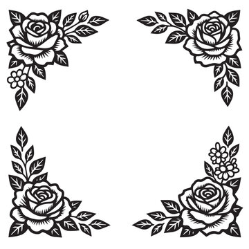 Minimalist vector illustration of a square border decorated with roses in the corners, created for romance, wedding, Valentine, and love themed designs.
