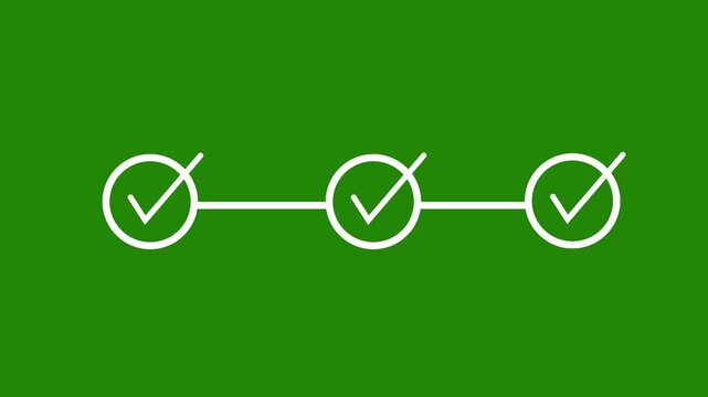 Abstract 3 step infographic process animation with check mark icons, showing step by step success flow on black background. 4K animation Motion Graphics video