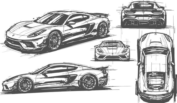 Sports car design sketches from multiple angles in a hand-drawn illustrative style