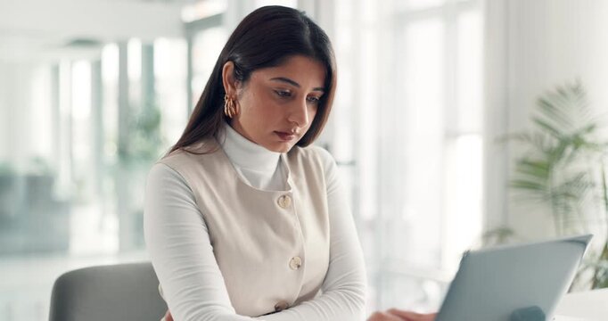 Reading, laptop and research with business woman in office for email, virtual legal aid and planning. Attorney report, online advisor and court case results with person in law firm for client review