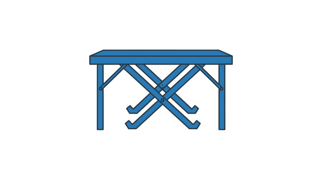 Blue metal workbench with crossed legs.