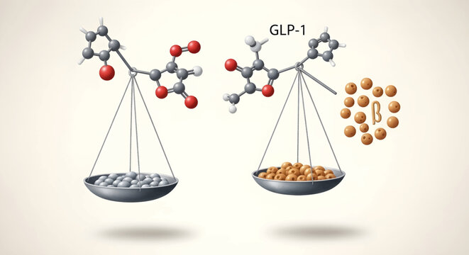 Illustration comparing molecular structures, GLP-1, and their impact on beta cells and metabolic balance, symbolizing biochemical interactions.