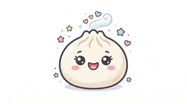 Cute smiling bao bun character with floating hearts and stars in pastel background