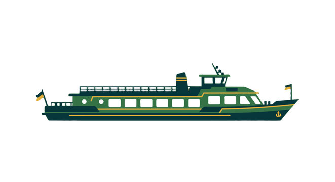 Green passenger ferry boat with observation deck details.