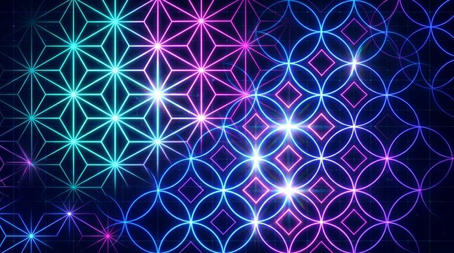 Cyber Japanese Pattern Neon Geometric Fusion &ndash; Traditional Wagara Meets Futuristic Neon Lines Dark Background