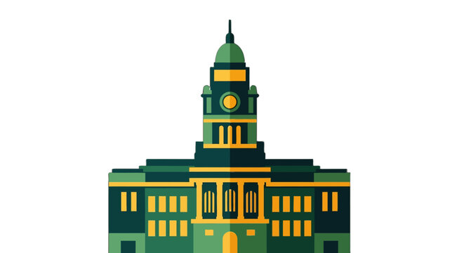 Illustrated Classic Courthouse Building With Clock Tower.