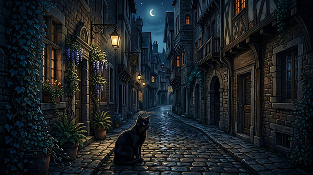 Cat on cobblestone street at night
