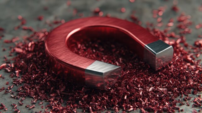 Close-up of a red horseshoe magnet surrounded by metallic shavings on surface