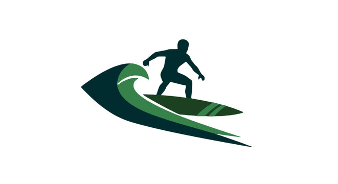 Dynamic surfer riding stylized green wave illustration.