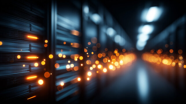 Server racks inside a data center corridor, representing digital infrastructure, secure storage and cloud computing systems
