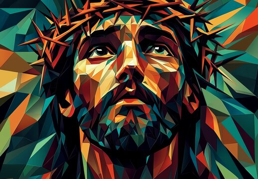 A striking abstract representation of Jesus Christ adorned with a crown of thorns.