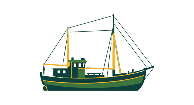 Colorful small fishing boat with tall masts and rigging.